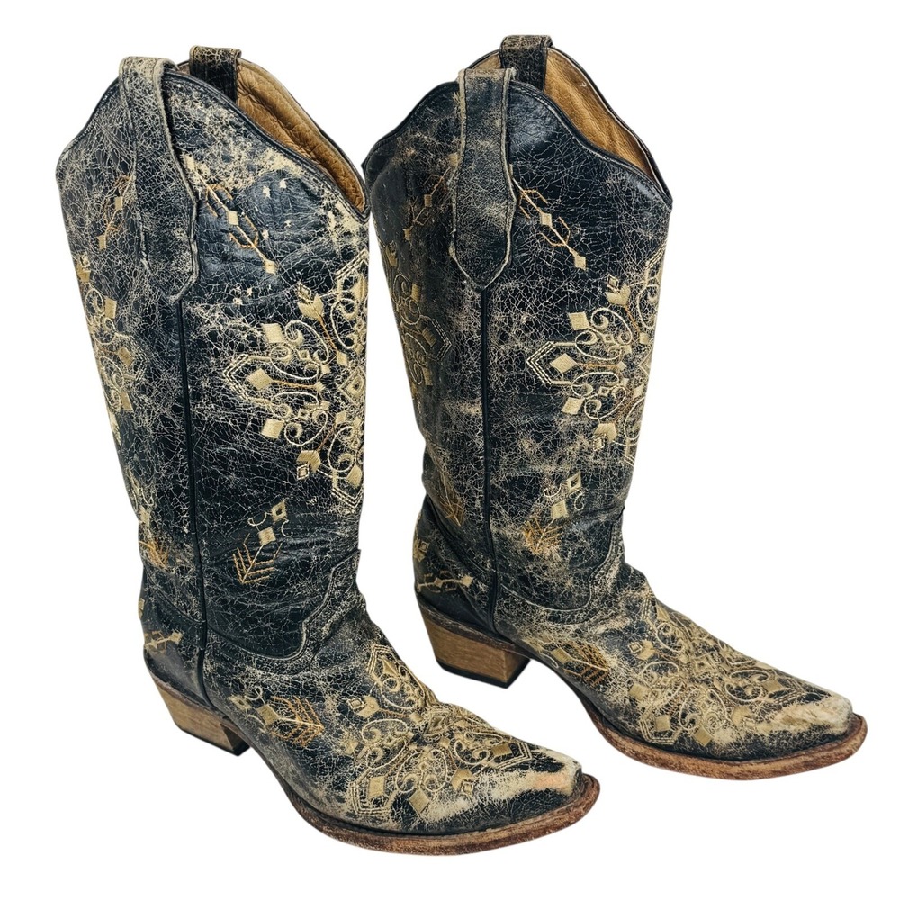 Circle G Crackle Distressed‎ Leather Western Boots Sz 6.5 Black Cowgirl Festival